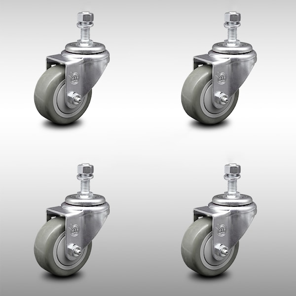 3 Inch SS Gray Polyurethane Wheel Swivel 12mm Threaded Stem Caster Set SCC